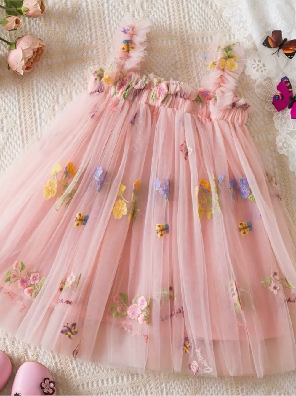 Pink Floral Embroidered Tulle Dress